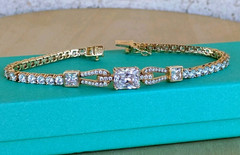 SNJ 925 Gold Plated Sterling CZ Tennis Bracelet Radiant & Princess Cut 7.75″ Fit