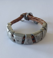 Made In USA Double Strand Leather Geometric Pewter Slide Bracelet