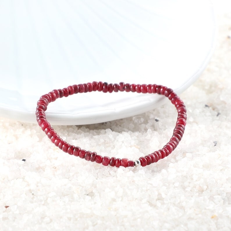 Natural Ruby Smooth Roundelle July Birthstone Beads 6-8'' Stretchable Bracelets
