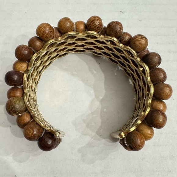 Wood Bead Cuff Bracelet with a Gold Tone Metal Frame Tribal Boho Natural Jewelry gallery