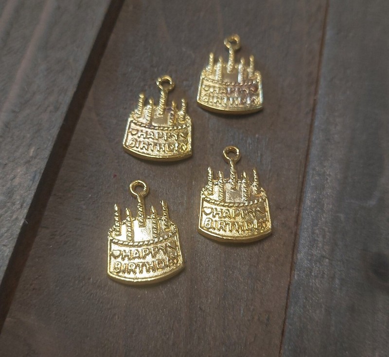 Happy Birthday Cake Charms Gold Jewelry Supplies Candle Pendants 4pcs gallery