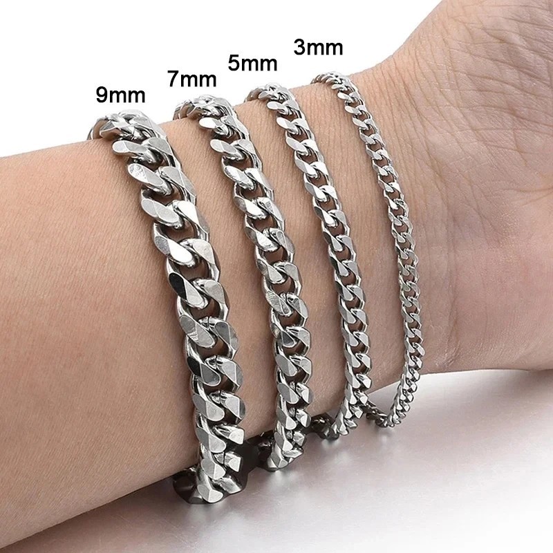 3/5/7/9/11mm Silver Curb Cuban Stainless Steel Bracelet Men Women Chain 7-11inch gallery