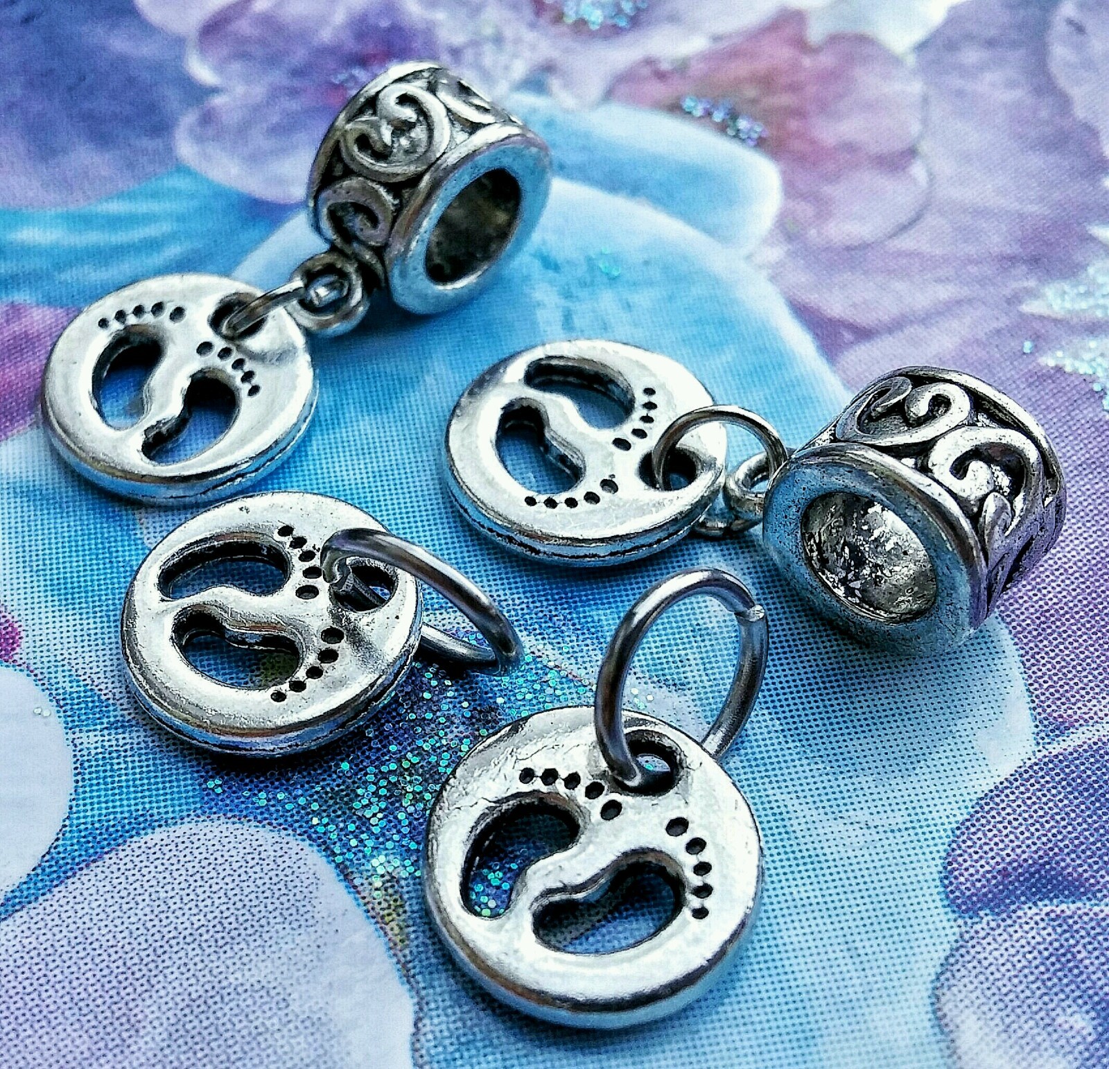 2 Silver Mother Loves Child Baby Footprints Feet European Dangle Charms Pendants gallery