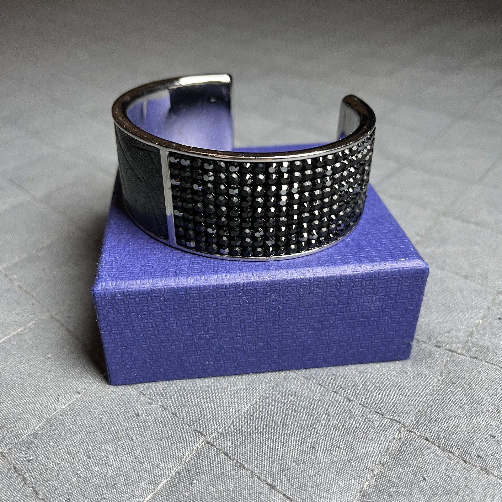Swarovski Intervalle Jet Crystal Bangle Bracelet Black Leather Sparkly with Box gallery