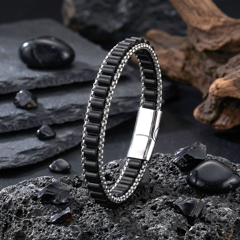 Onyx Gemstone Woven Chain Men's Stainless Steel Bracelet gallery