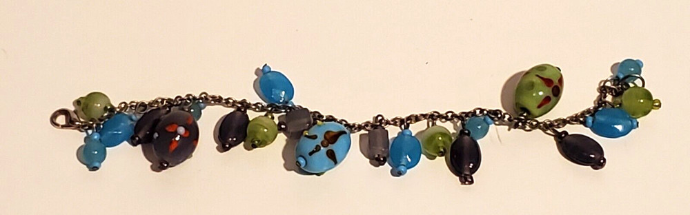 LADIES BLUE & GREEN TURQUOISE GLASS BEAD BEADED CHAIN BRACELET 7" LONG
