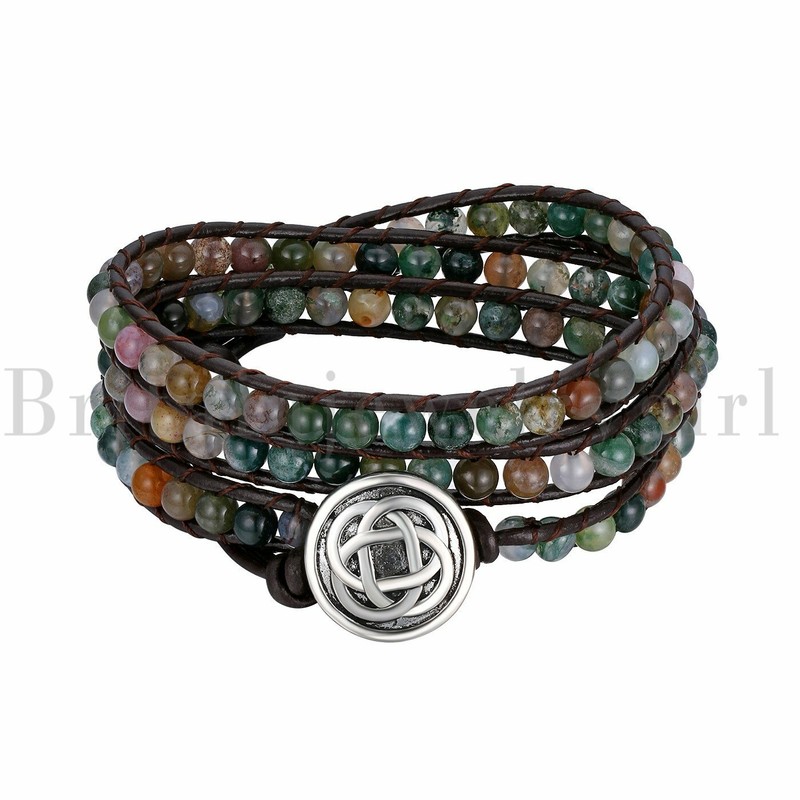 Handmade Celtic Knot Bracelet Leather Picasso Jasper Beaded Adjustable Wrap Cuff gallery