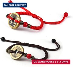 2Pcs Lucky Braide Red String Feng Shui Copper Coin Bracelet Bangle Handmade Adju