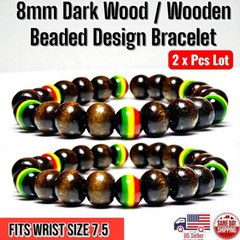 2 x Pcs Dark Brown Wood w/ Rasta Beads 8mm Beaded Bracelet Wrist Size 7.5 Lot