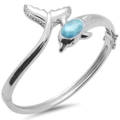 Dolphin Natural Larimar & CZ .925 Sterling Silver Bangle Bracelet