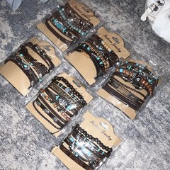 Adjustable Faux Leather Cord Beaded Wrap Bracelets Set Tie Closure Brown Turq
