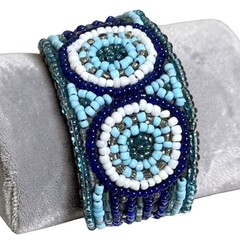 Leather Beadwork Bracelet Blue Seed Bead Wrap Handmade Artisan Boho Cuff Jewelry