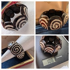 Vintage Brown Cream Patterned Elasticated Bracelet Bone/Bovine 108g 40mm Wide