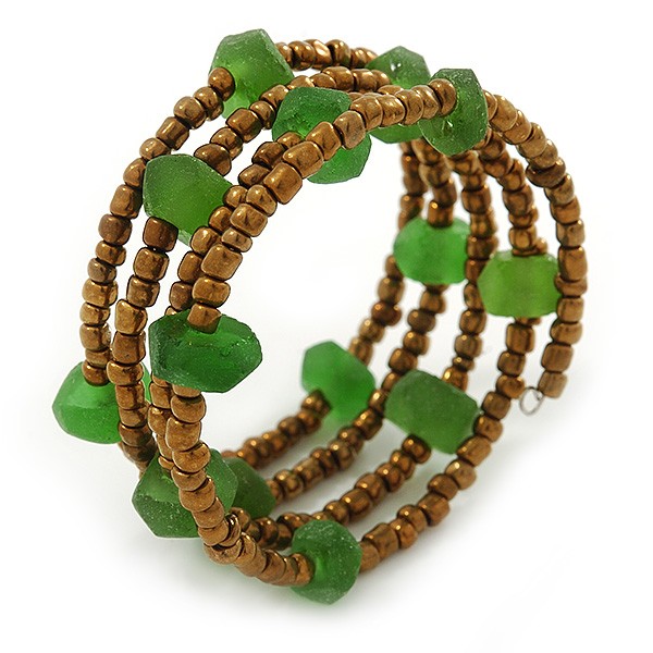Multistrand Bronze/ Green Glass Bead Flex Bracelet - Adjustable