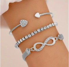Silver Bling Rhinestone Bracelet Trio Set Infinity, Bangle, Tennis Bracelet Set