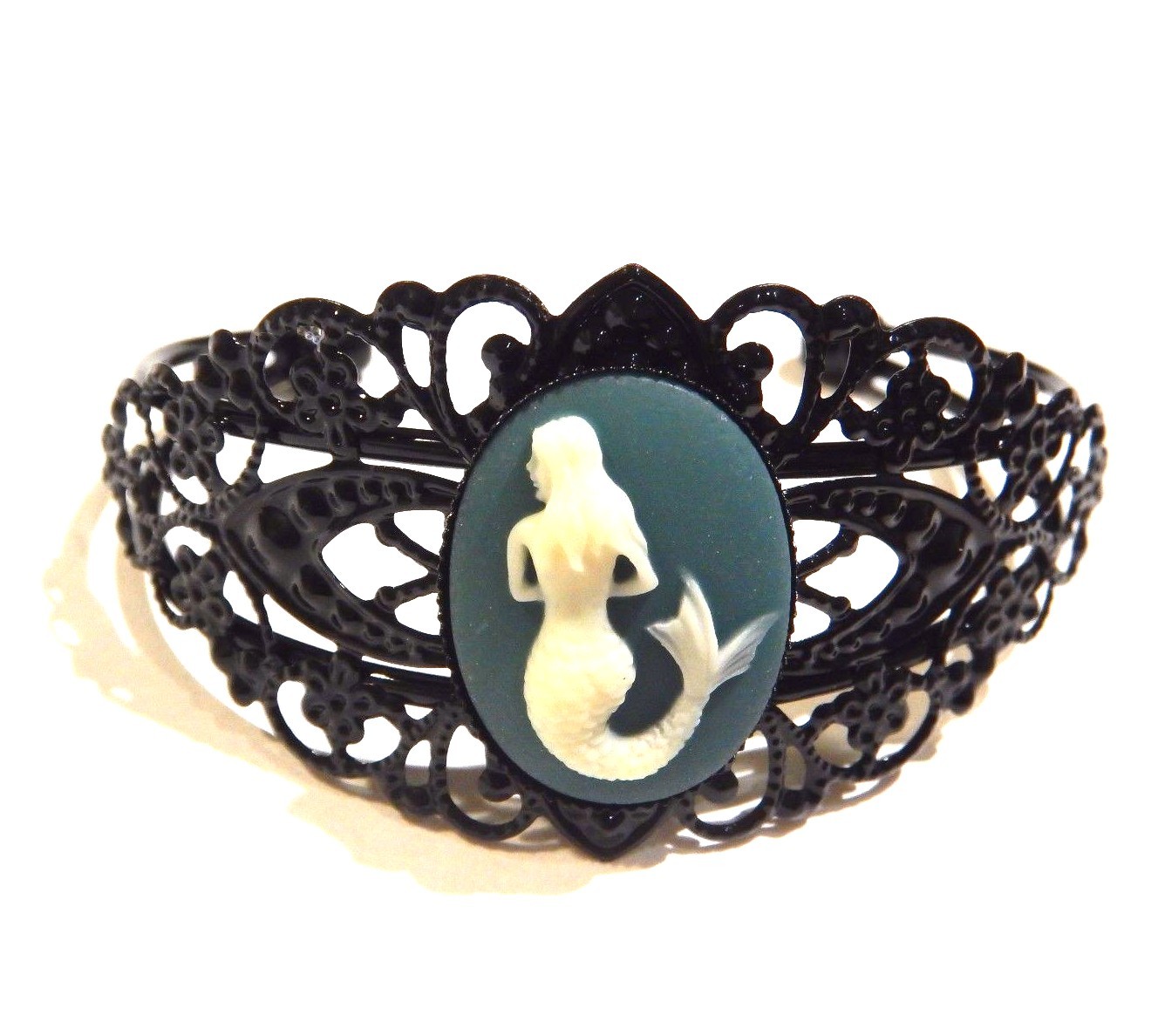 BLACK METAL MERMAID CAMEO FILIGREE BANGLE painted bracelet teal cuff R3 gallery