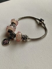 Silver Tone Pink Faceted Glass Rhinestone Bead Dangle Charm Bracelet
