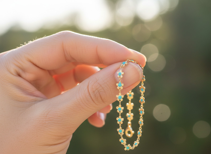 Boho Turquoise Floral Bracelet 18K Gold Plated Brass Flower Chain Charm gallery