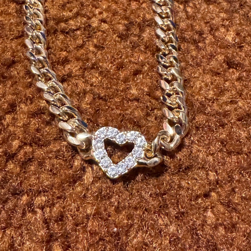 Gold Tone Curb Chain Heart Charm Bracelet Crystal Rhinestone Foldover Clasp gallery