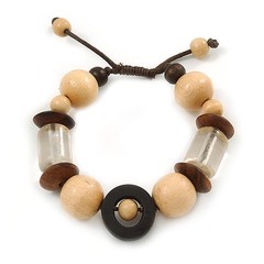 Brown/ Natural Wood and Transparent Acrylic Bead Bracelet with Cotton Cords –