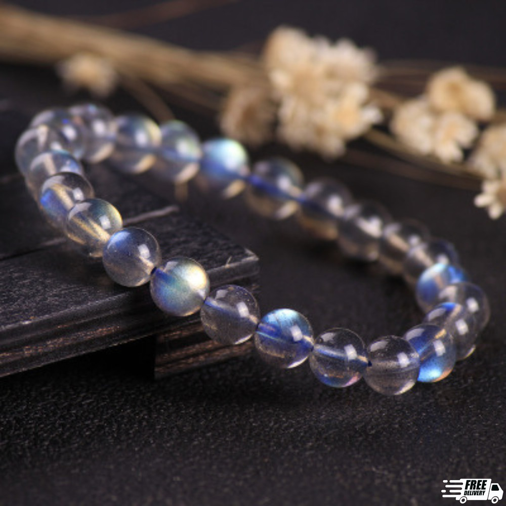 Natural Moonstone Stone Bracelet 7mm Ice Blue Crystal Stretch Bracelet Handmade