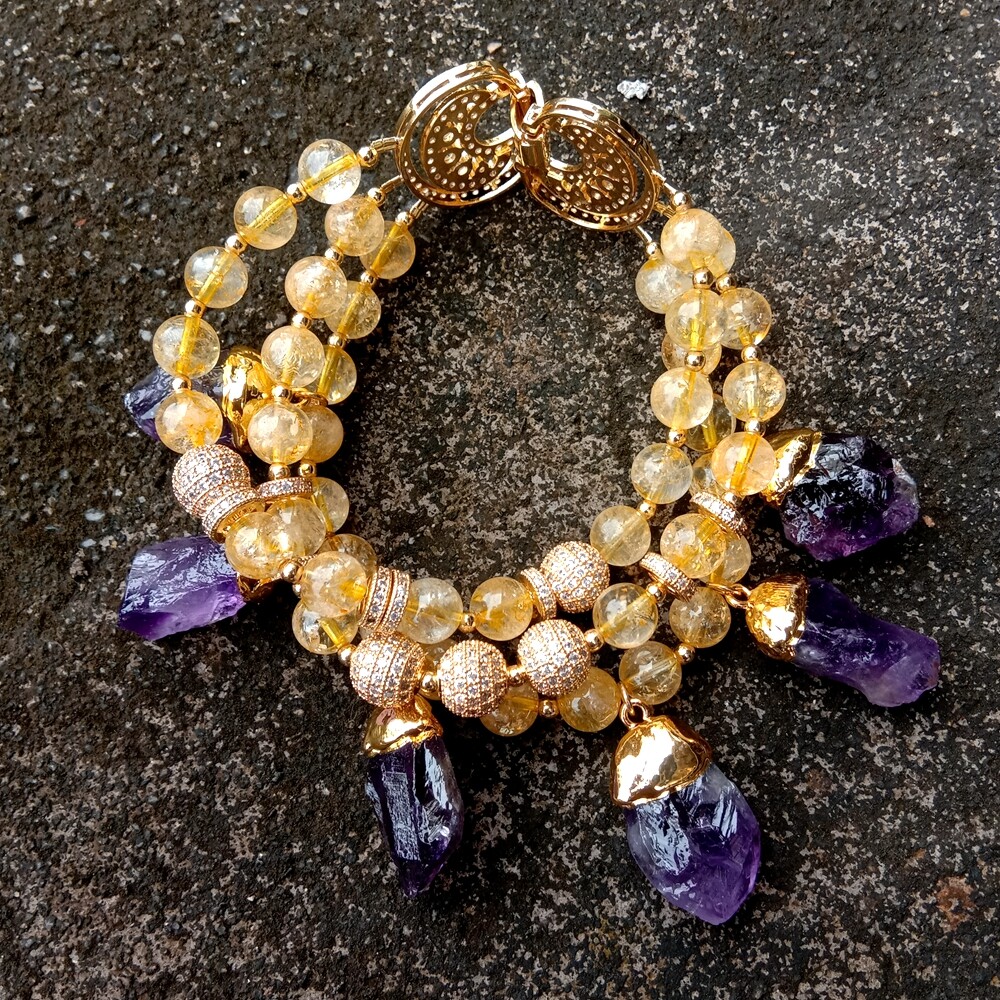 3 Strands Natural Citrine Bracelet Amethyst Rough Raw Charm Gemstone Jewelry gallery