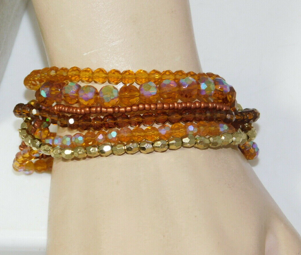 NWT Set 5 Faceted Golden Brown AB Crystal Gold Seed Beaded Stretch Bracelets K1 gallery