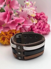 Wide Brown Leather Cuff Bracelet 9 in Multicolor Strap Snap Adjustable 38mm Wide