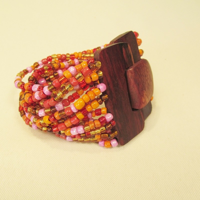 Orange Pink Gold Handmade Beaded Stretch Wood Buckle Seed Bead Bali Bracelet gallery