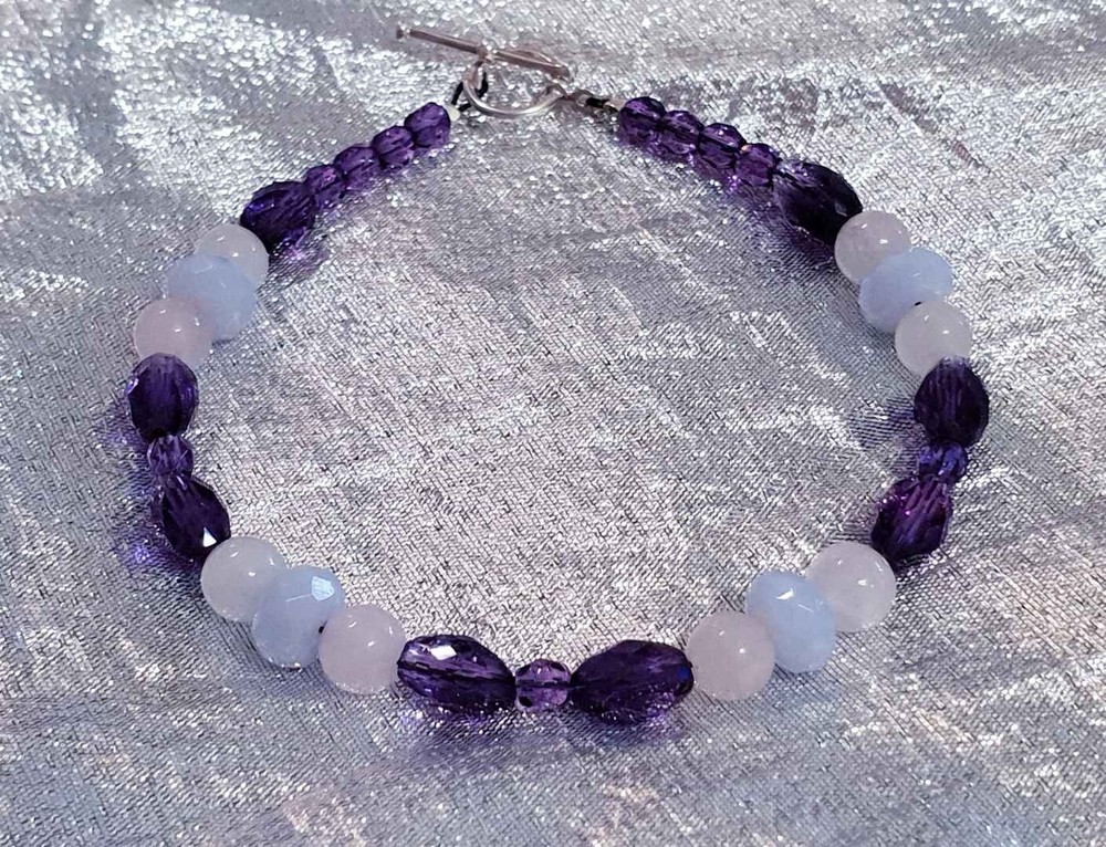 Amethyst, Blue Lace Agate & Rose Qtz Fine Gem Bracelet - Special Gift