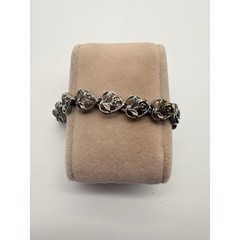 Vintage Silver Tone Rose Heart Link Bracelet Floral Filigree Foldover Clasp