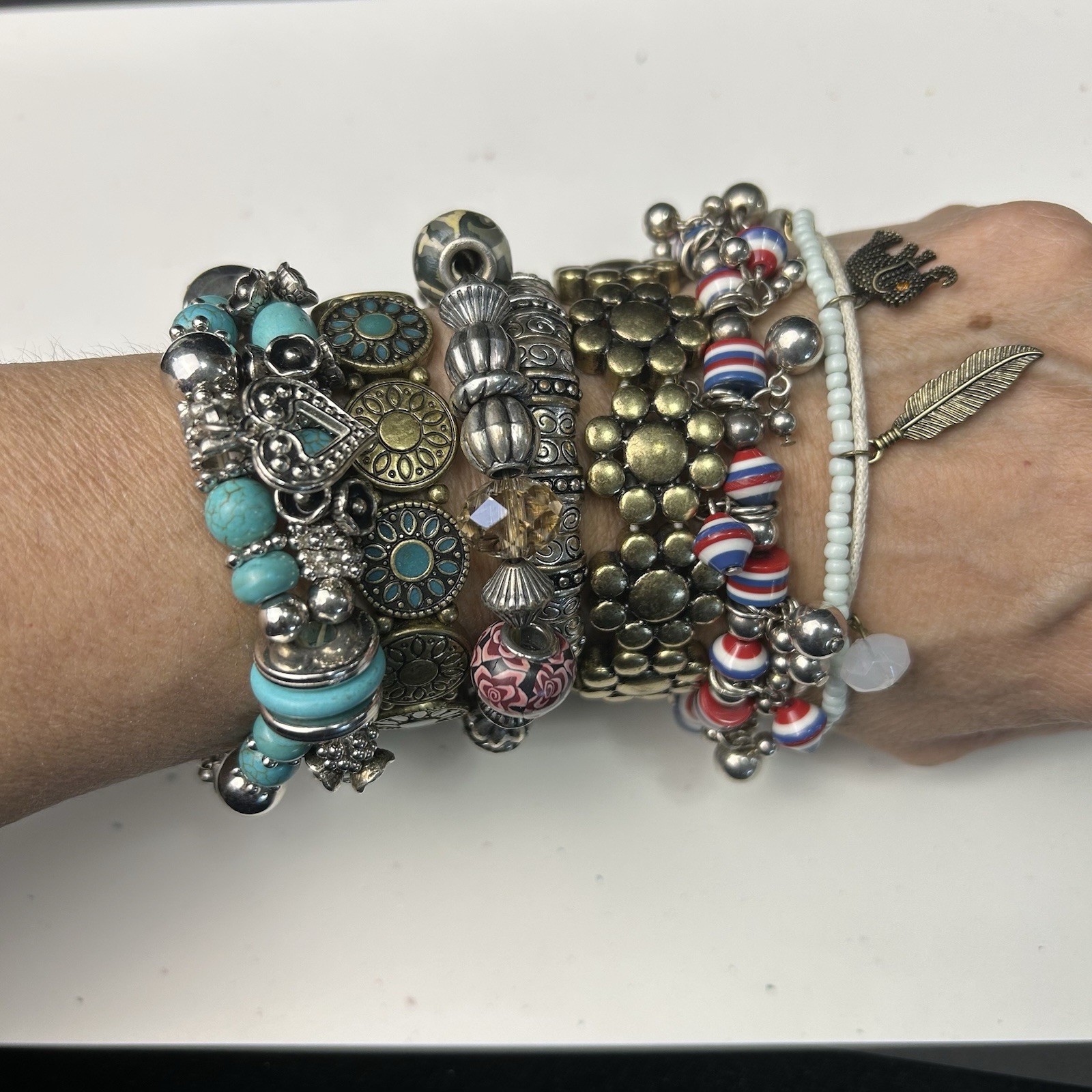 Boho Turquoise Charm Bracelet Stack 7pc Lot Silver Western Festival Jewelry SEE gallery