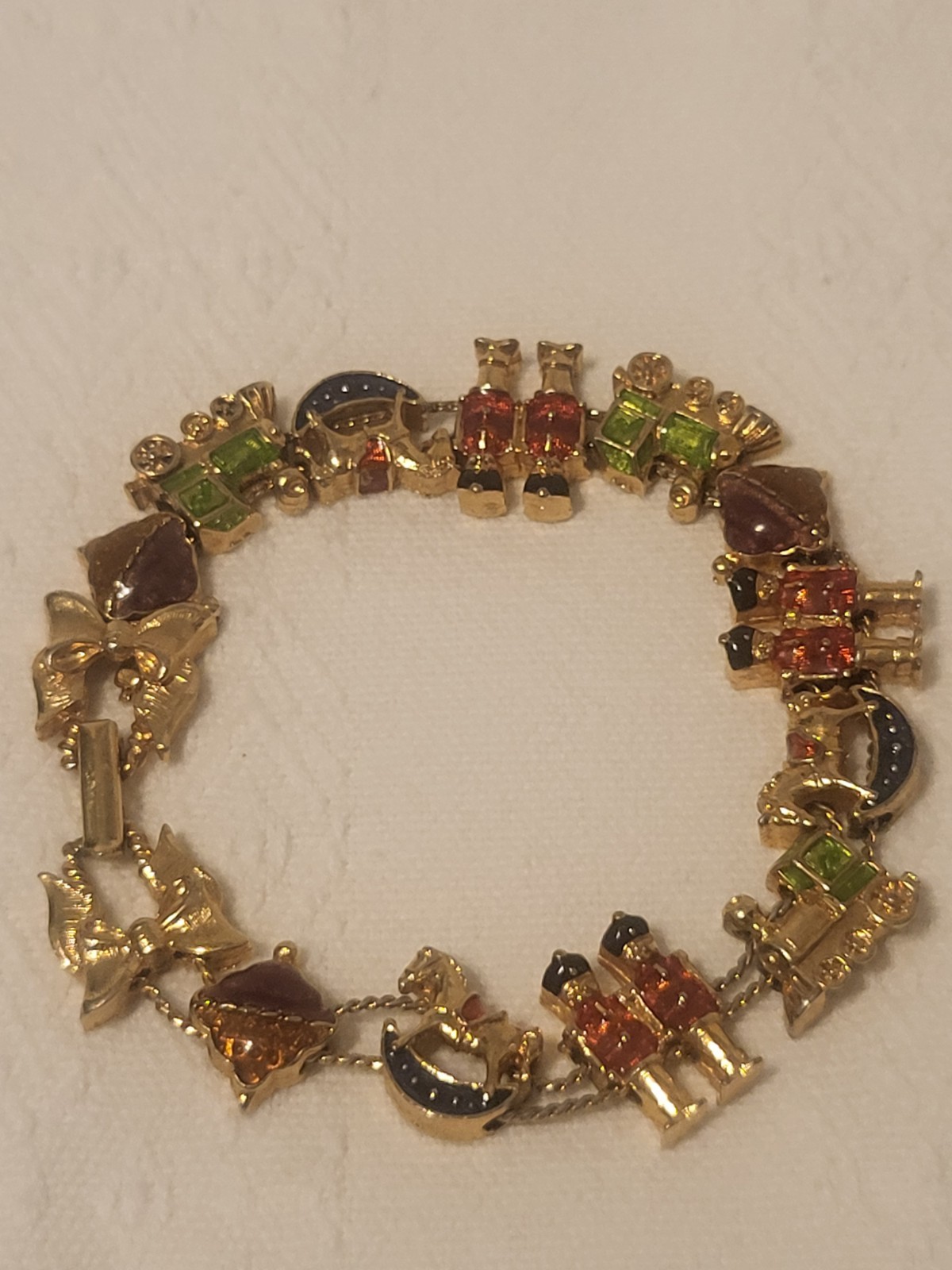 Gold Tone Multicolor Rhinestone Charm Link Chain Bracelet w/ Lobster Clasp gallery