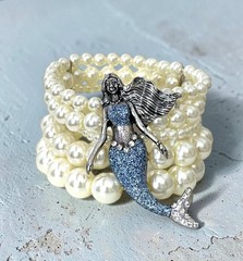 2.25″ Wide Blue Glitter Mermaid White Faux Pearl Stretchable Statement Bracelet