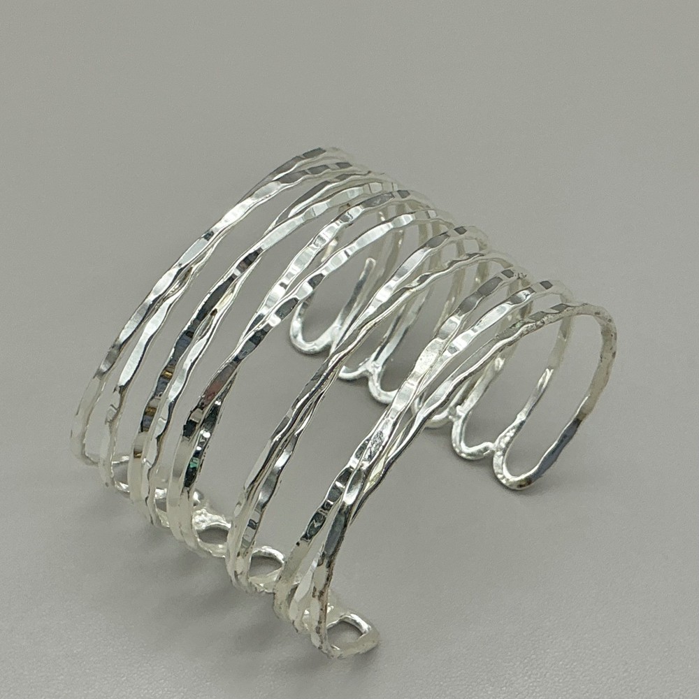 Bracelet Womens Silver Tone Hammered Multi Strand Stacked Wide Cuff Bangle 6.5"