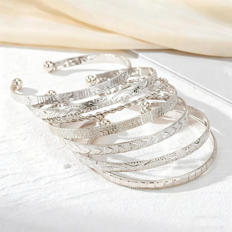 Women'S Open Bangles Multi Layer Stackable Cuff Bracelet Set Bohemian Silver Cos gallery