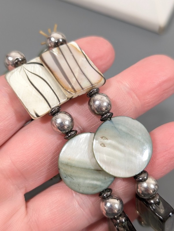 Set of 2 Gray Dichroic Glass Square Round Shell Stretch Bracelets Boho Coastal gallery