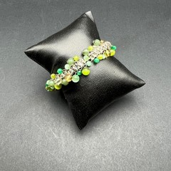 Green Beaded Stretch Bracelet Striped and Clear Beads