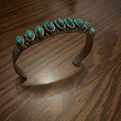 Native American Pure Silver heavy Cuff Bracelet with 10 Oval Turquoise