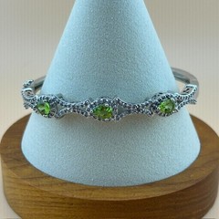 Signed SUN BR Rhodium plated Green Gemstone Bangle Bracelet double clasp