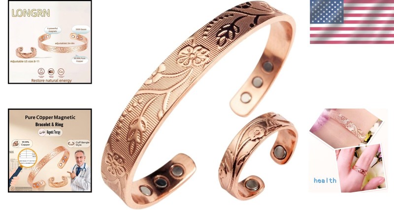 Chic Adjustable Copper Magnetic Bracelet and Ring Set - 2-Piece Gift for Women gallery