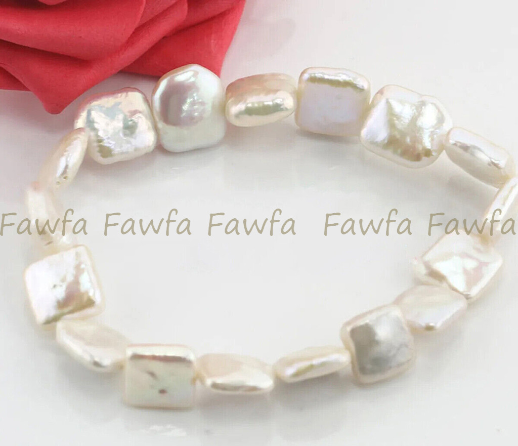 11-12mm Square Natural White Cultured Freshwater Pearl Elastic Bracelet 7.5'' gallery