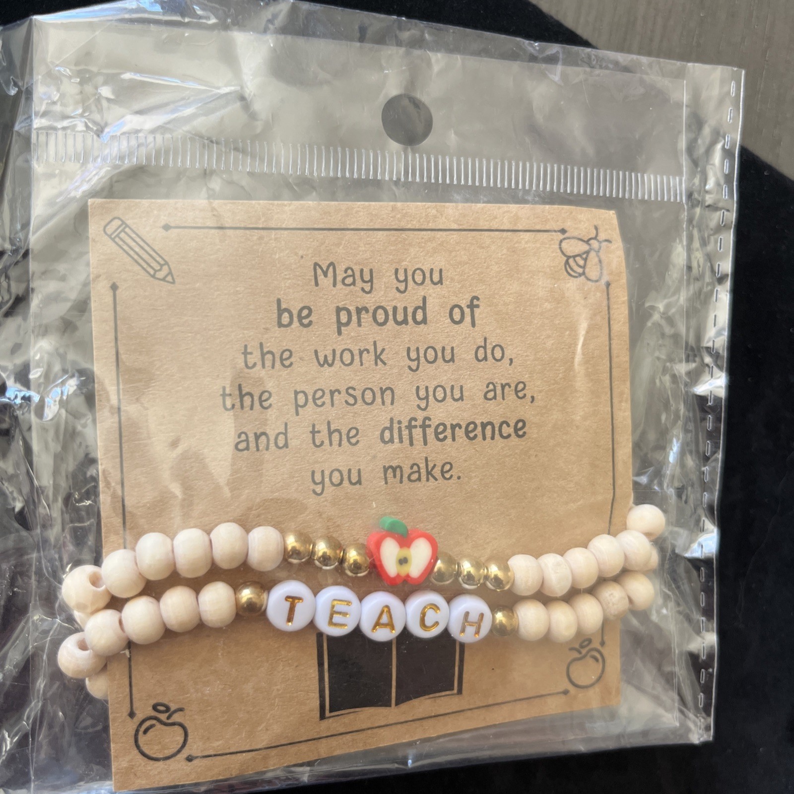 Teacher Gift Apple Beaded Double Bracelet Wood Stretchy Teach Inspire Present gallery