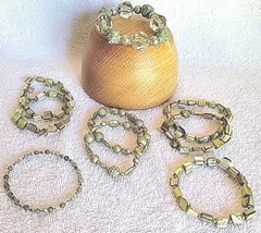 Lot Of 9 Stone, Glass or Beaded Green Hue Stretch Bracelets