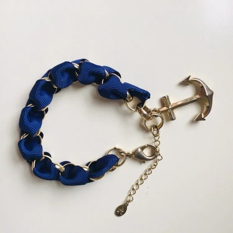 Accessorize Chunky Statement Bracelet Gold Tone Anchor Royal Blue Ribbon Cruise gallery