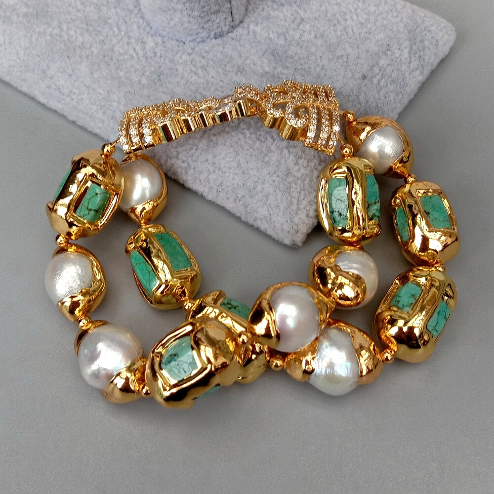 Turquoise Pearl With Electroplated Edge Bracelet Cubic Zirconia Pave Clasp 7.5"