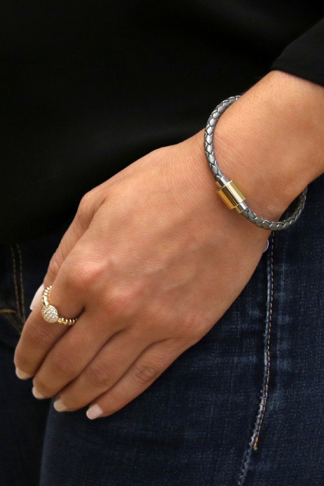 Women's Silver Leather Bracelet with Two Tone magnetic clasp gallery
