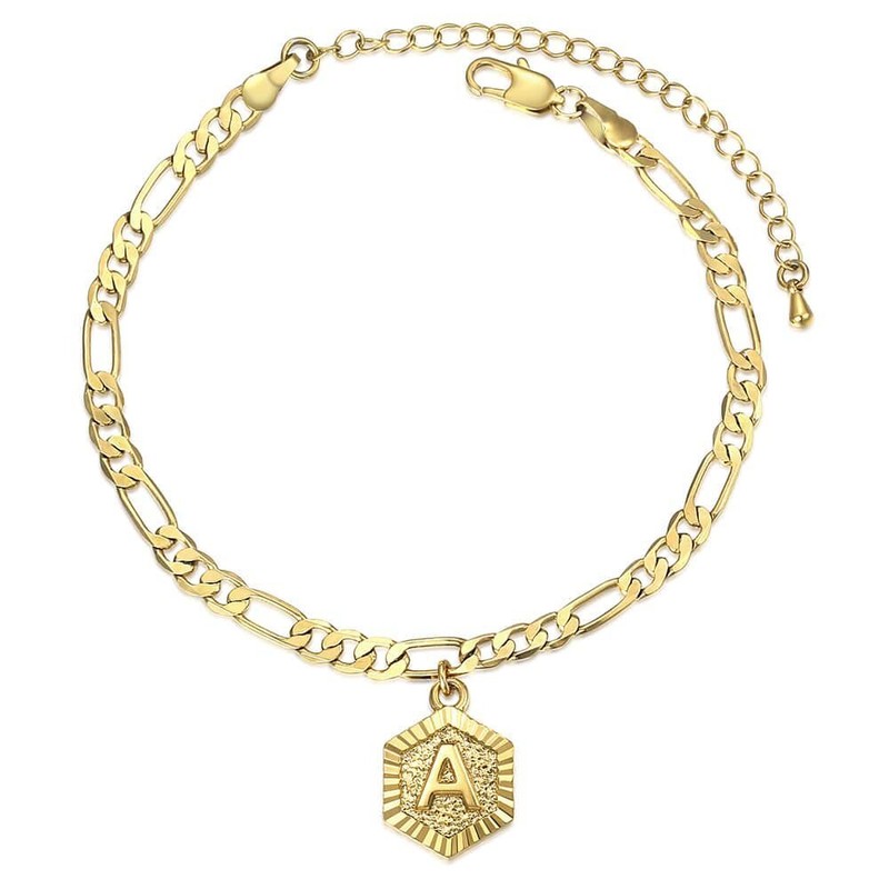 Womens A-Z Initial Letter Charm Bracelet Anklet Gold Plated Figaro Chain gallery