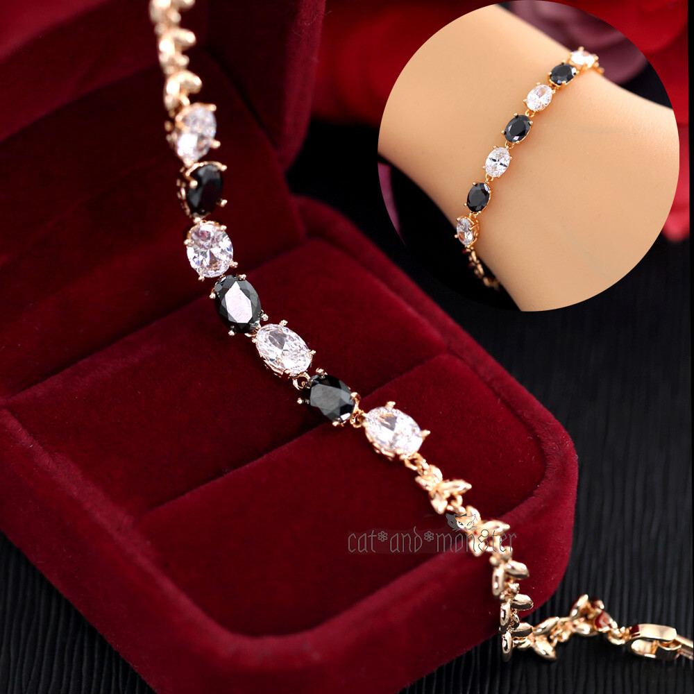 Lady's Black White Oval Onyx Butterfly Links 9K Rose Gold Filled BANGLE BRACELET