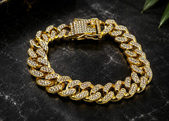Iced Out Cuban Link Bracelet Gold Tone Clear Rhinestone Hip Hop 7.5 In